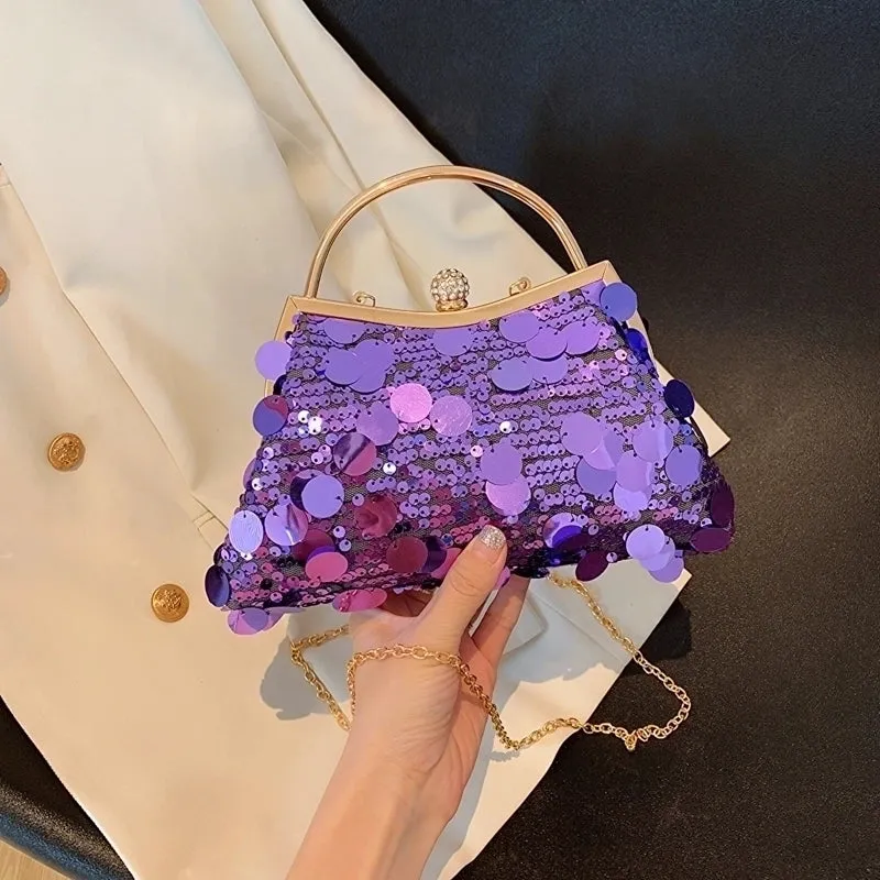 Rose Red Purple Gold Sequin Solid Color Shell Evening Bags