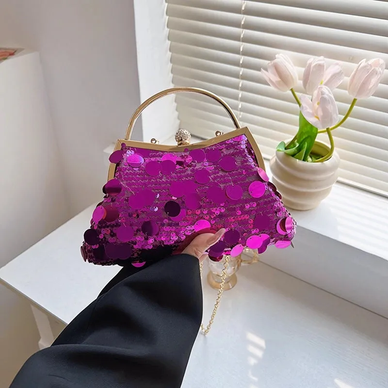 Rose Red Purple Gold Sequin Solid Color Shell Evening Bags
